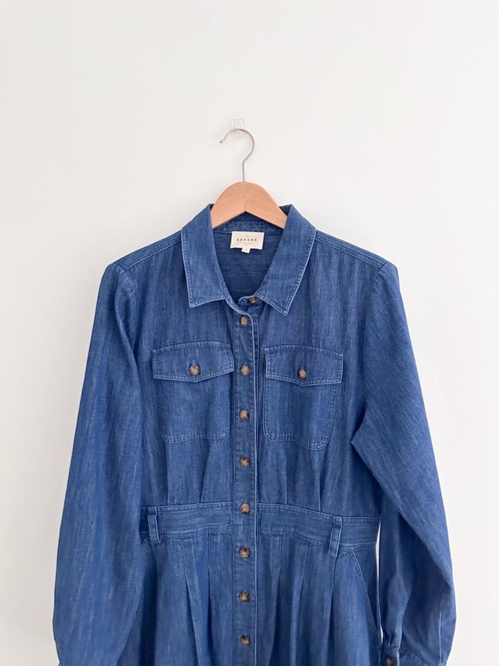 Sezane Gwen Denim Dress Organic Cotton Button Front Midi French Girl Classic 12 - Picture 3 of 11